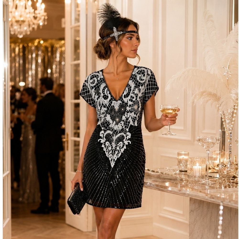 Carina Vintage Silk Beaded Sequin Art Deco Flapper Gatsby Mini Dress Black M